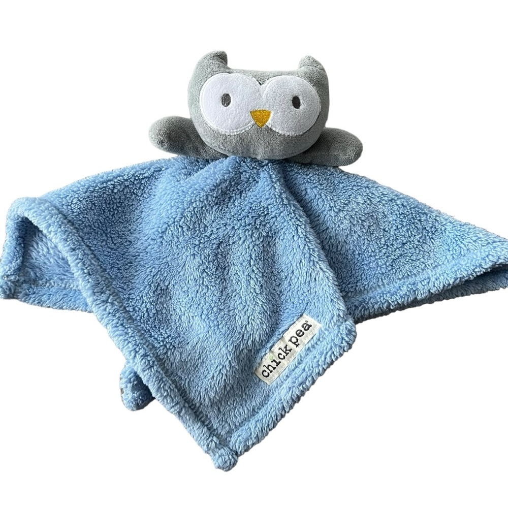 Chick Pea Blue Fleece Gray Owl Face Baby Security Blanket 14" Lovey